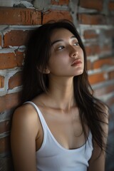 Fototapeta premium A young woman in a white tank top is sitting against a brick wall
