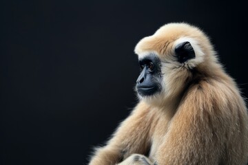 the beside view Pileated Gibbon, left side view, isolated on black background