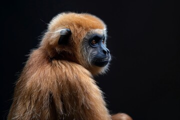 the beside view Southern Yellow-cheeked Gibbon, left side view, isolated on black background