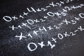 Algebra equation on chalk board. Math concept, teaching algebra written equation.