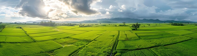 Obraz premium Panoramic aerial view of a lush green rice field with a cloudy sky and mountains in the distance.