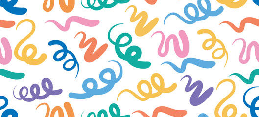 Obraz premium Fun colorful line doodle seamless pattern for kids birthday party or celebration background, trendy design with scribble shapes on black backdrop.