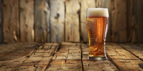 glass of beer - glass of beer on wooden table. copy space right - generative ai