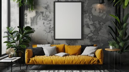 Mockup poster frame close up in interior background, 3d render. Living wall 