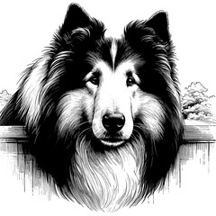 Hand drawn cute peeking Rough Collie, vector sketch isolated on transparent background.	