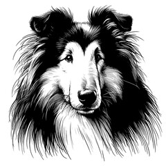 Hand drawn cute Rough Collie portrait, vector sketch isolated on white background.	