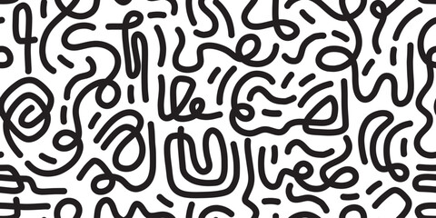 line doodle seamless pattern for kids birthday party or celebration background, trendy design with scribble shapes on black backdrop.