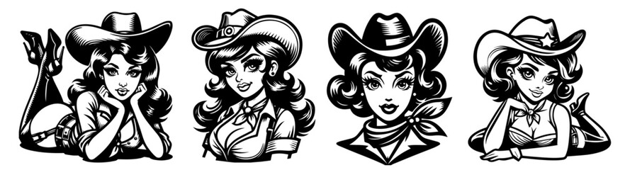 cowboy country pin-up style girl, retro woman black vector on white background for laser cutting, engraving and printing