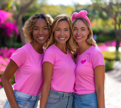 Three Gen Z or Millennial woman, wearing pink for Breast Cancer awareness, copy space