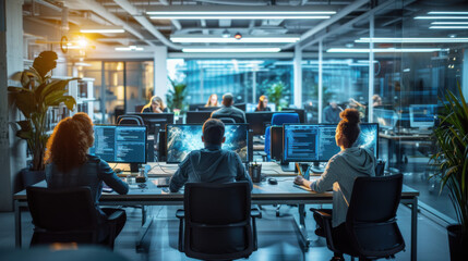 Team of software developers working at computer stations in a modern, open-plan office environment with multiple monitors.