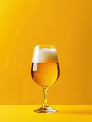 Glass with lager beer in front of yellow background. Studio shot - generative ai