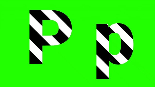 Animated letter "P" in black and white diagonal stripes, isolated on a green screen. Perfect for alphabet projects, educational content, or graphic design.