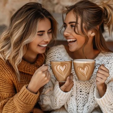 Two friends share coffee while laughing together