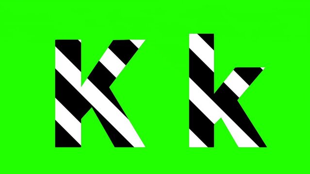 Animated lowercase "kk" in black and white stripes against green screen. Perfect for typography, logo reveal, or intro animation.