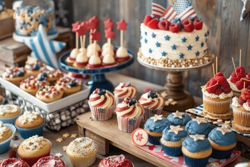 patriotic-themed dessert table with cupcakes, cookies, and a decorated cake in red, white, and blue