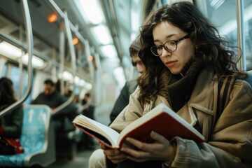 young woman reading a book on a busy metro train