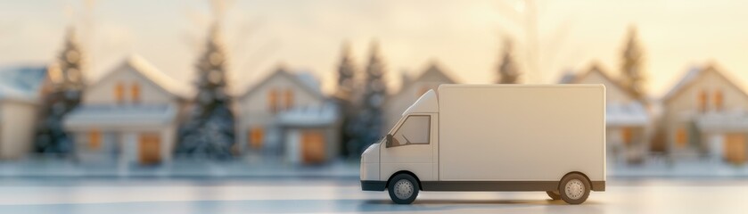 Delivery van on a winter morning, parked in a suburban neighborhood with snow-covered trees and houses in the background.