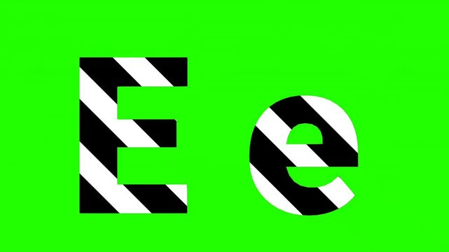 Animated letter "E" in black and white striped design.  Perfect for educational content or design projects. Green screen background for easy compositing. 