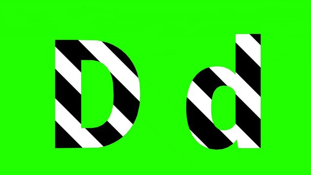 Animated letter "D" with black and white stripes on a green screen background. Perfect for educational videos, alphabet learning, or creative projects.