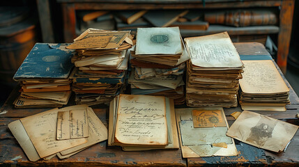 Stacks of old documents and letters on a wooden table