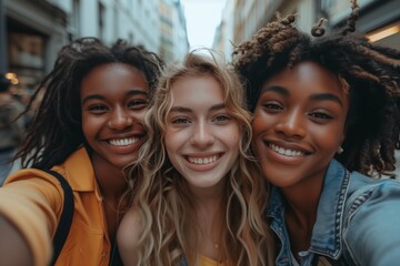 Fototapeta premium Diverse Friends Celebrating with Group Selfie in City