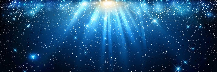 Ethereal blue light burst  abstract rays on dark blue with cyan and golden sparks