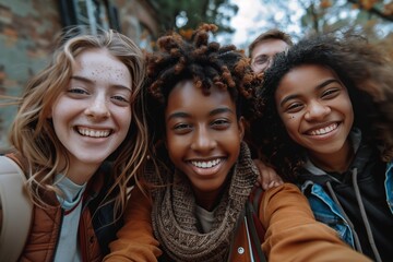 Fototapeta premium Diverse Group having Fun Outdoors - Multiracial Friends Smiling - Students Portrait - Human Resources Concept