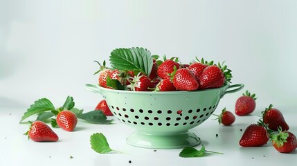 A green colander filled with fresh strawberries