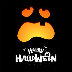 Happy Halloween square banner design concept. Jack O Lantern pumpkin carved scary smiling face on dark background and inscription with bat. Traditional Trick or Treat October 31 holiday greeting card