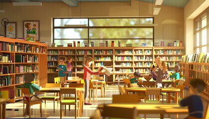 A library with students reading and studying