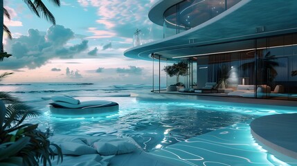 Futuristic Smart Beach House with Holographic Waves and Panoramic Ocean Views