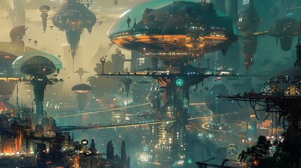 Futuristic Utopian Metropolis with Floating Digital Art Installations