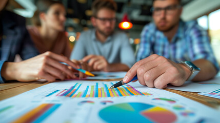 Fototapeta premium A group of business people sat around a table, with papers and charts on it.