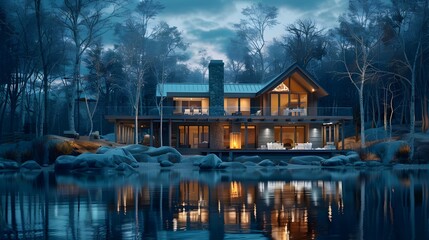 Fototapeta premium Serene Lakeside Cabin with Smart Home Technology and Holographic Decor