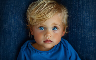 Naklejka premium A baby with blonde hair and blue eyes is sitting on a blue couch. The baby is wearing a blue shirt and he is looking at the camera