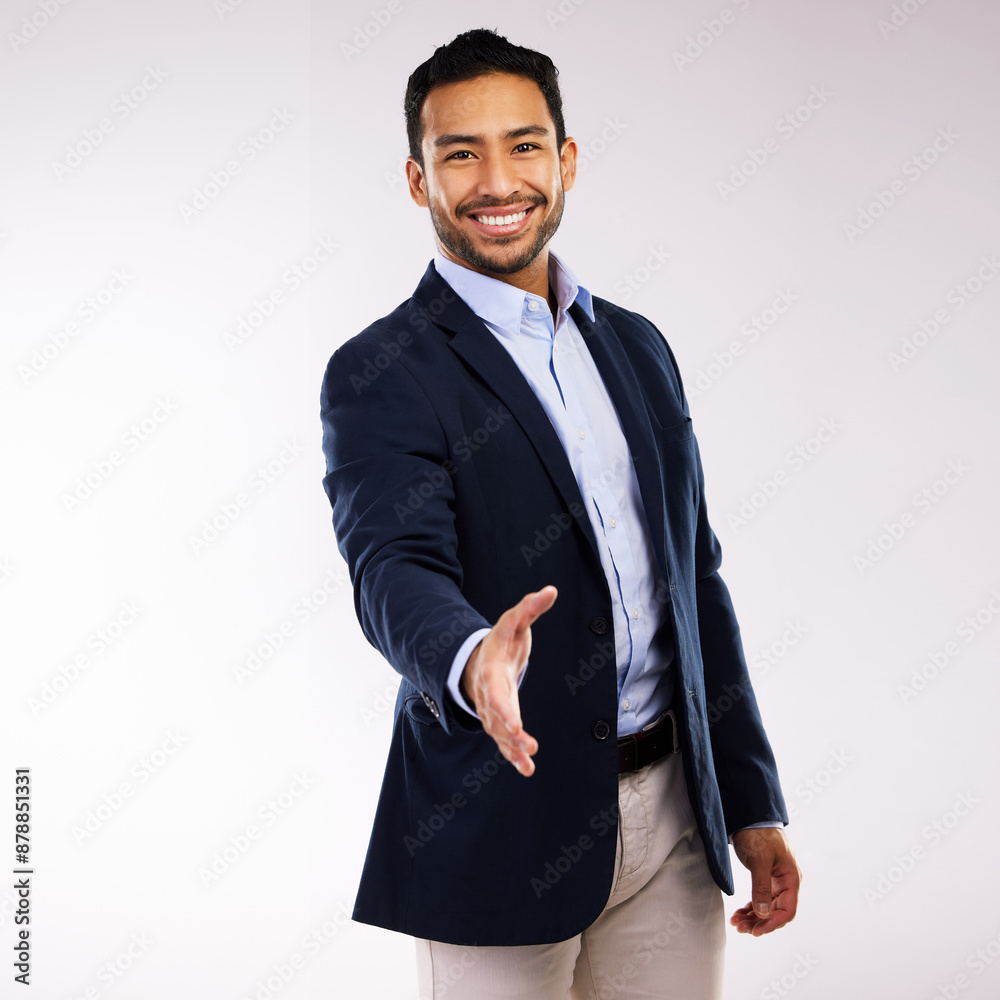 Aufkleber portrait, smile and business man with handshake in studio for agreement, interview or welcome on whi