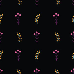 seamless repeat pattern with simple floral motifs in pink and orange on a black background perfect for fabric, scrap booking, wallpaper, gift wrap projects