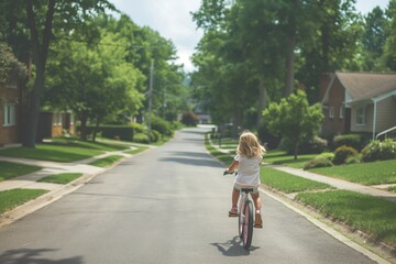 Fototapeta premium Child riding bike down suburban street surrounded by greenery and houses, carefree childhood outdoors, active lifestyle concept