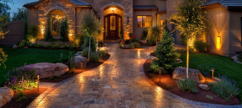Luxurious modern house exterior with elegant lighting and garden landscaping in the evening - Powered by Adobe
