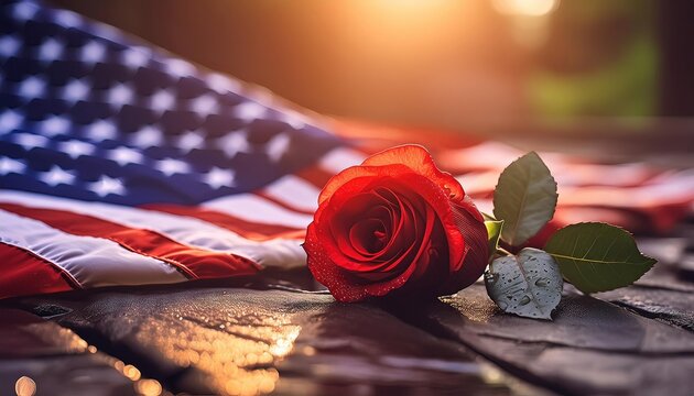 American Flag with Red Rose in Sunset Lighting