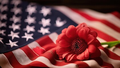 American Flag with Red Flower Symbolism