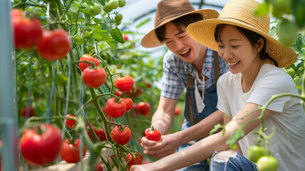 トマトの温室で作業する日本の若いカップル