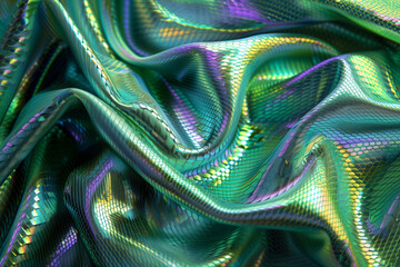 Close-up photo of a piece of green iridescent neon fabric with a snakeskin pattern, light draped fabric