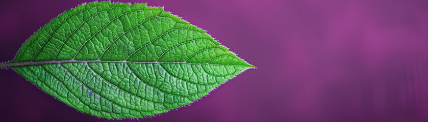 Obraz premium Close-up of a vibrant green leaf against a purple background, showcasing intricate details and textures. Perfect for nature and botanical themes.