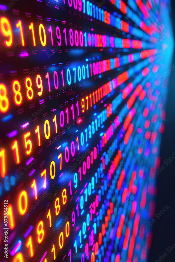 Aufkleber vibrant led display with multicolored binary numbers, creating a futuristic digital interface, suita