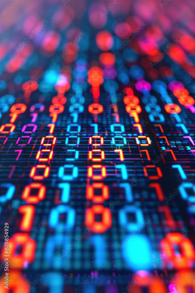 Poster colorful binary code on a digital screen representing data and technology in a modern futuristic con
