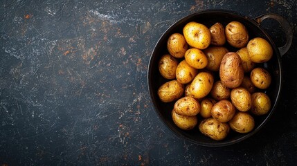 Obraz premium Mini Potatoes in a pan on a dark background viewed from above with space for text