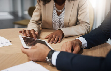 Meeting, planning and hands of business people with tablet in office for b2b deal, research or...