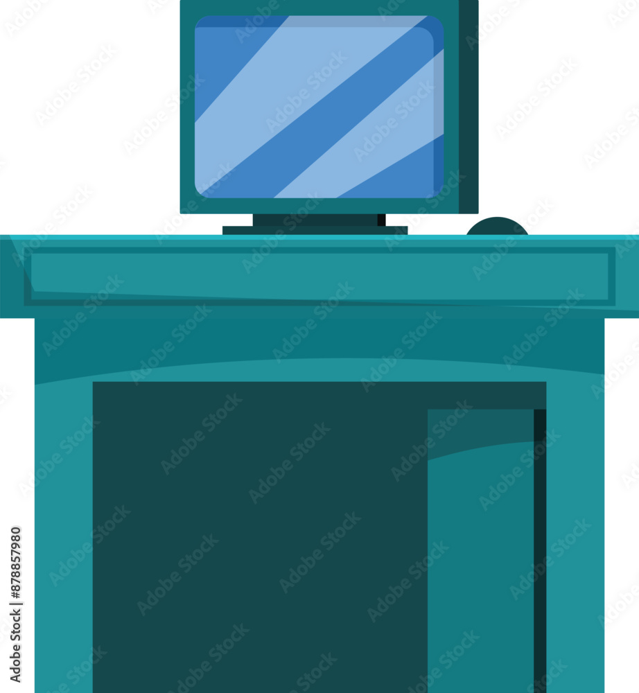 Poster reception desk with a computer sitting on top, showing an empty check in area