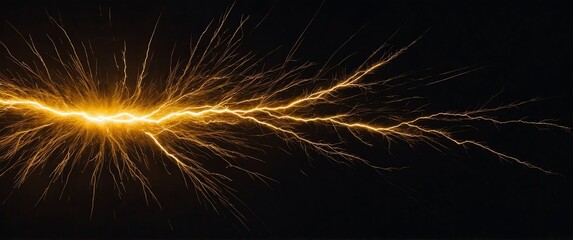 yellow lighting thunder sparks abstract dramatic light on plain dark black background for banner copy space